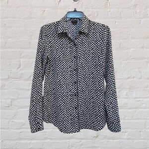 Theory Cully Printed Women’s Button Down Blouse Shirt Black White S Long Sleeves